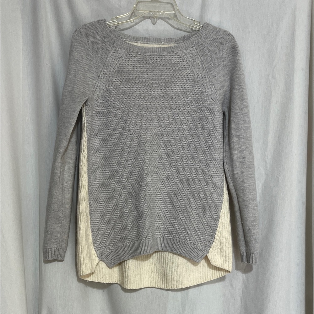 LOFT Gray and Cream merino wool Crew Neck Sweater